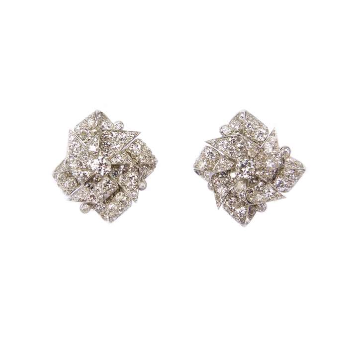 Pair of mid-20th century diamond bow cluster earrings